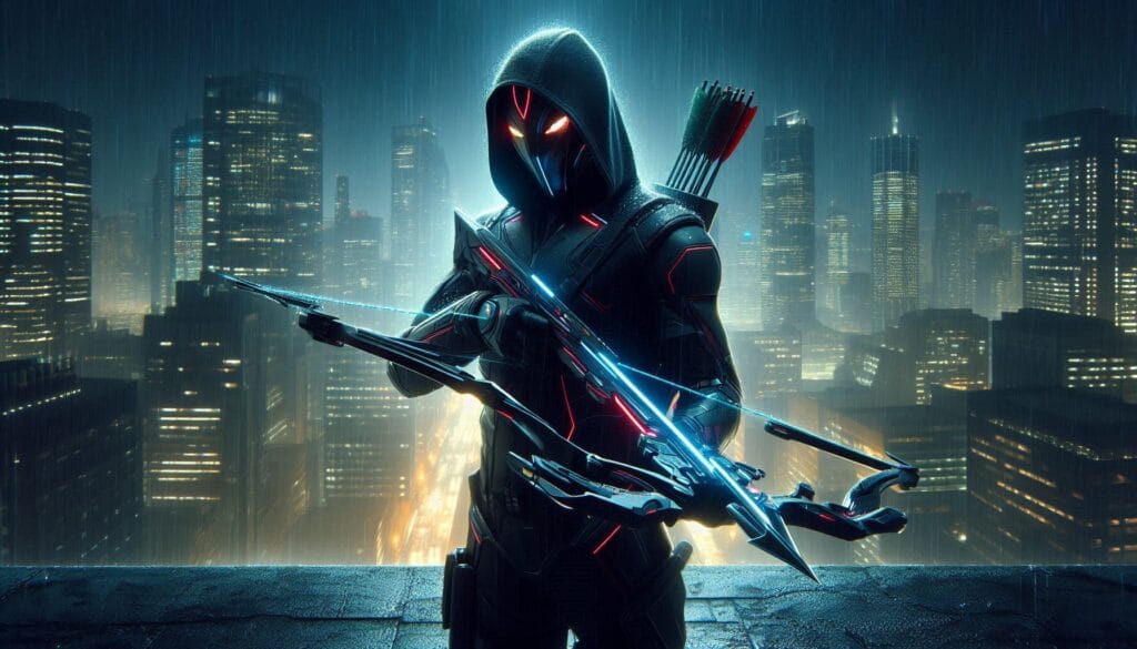A futuristic ninja standing on a rooftop at night, holding a high-tech bow and arrow, overlooking a neon-lit cyberpunk city. The scene is misty and dramatic, highlighting the stealth and action-packed theme of Ninja’s Creed (burugames)